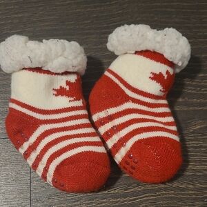 Red and White Striped Maple Leaf Baby Slippers/Socks